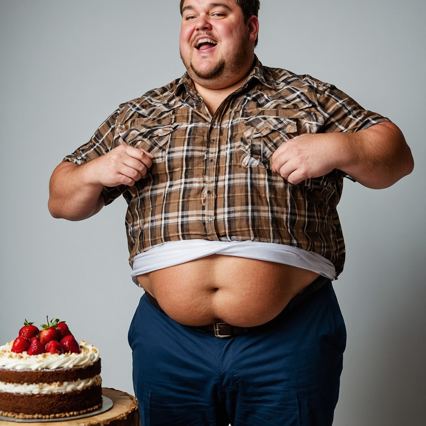 Happy man showing his belly fat near a cake, symbolising challenges in the journey to lose belly fat.