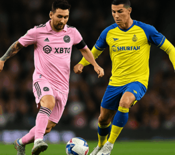Messi vs Ronaldo in kicking stance above a football in a stadium, representing the ongoing football rivalry.