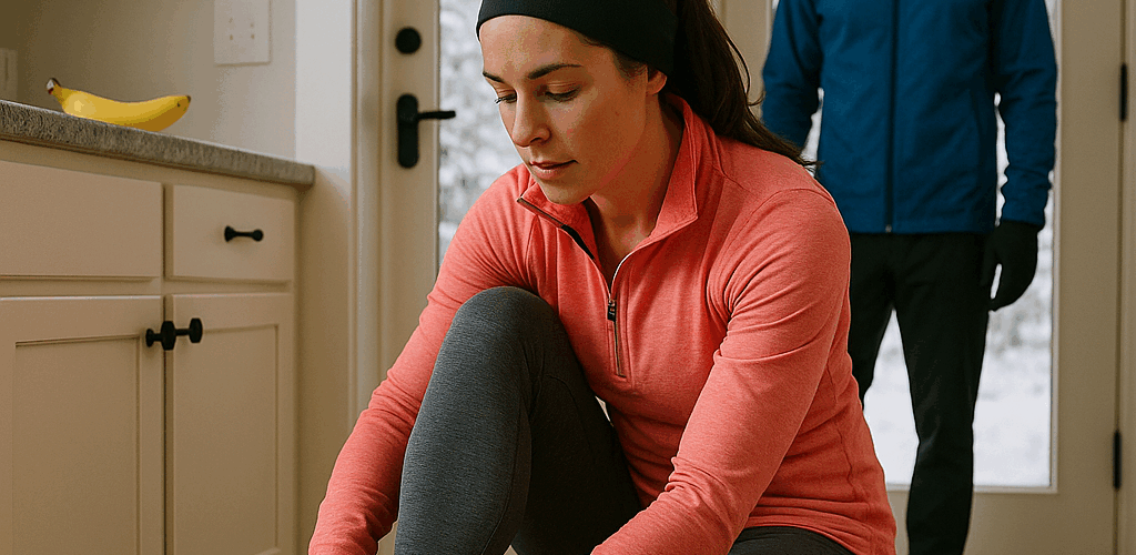 Woman tying running shoes in kitchen with gloves nearby, wearing winter gear, preparing for winter running while her partner waits by the door.