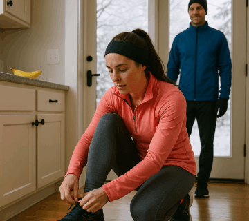 Woman tying running shoes in kitchen with gloves nearby, wearing winter gear, preparing for winter running while her partner waits by the door.