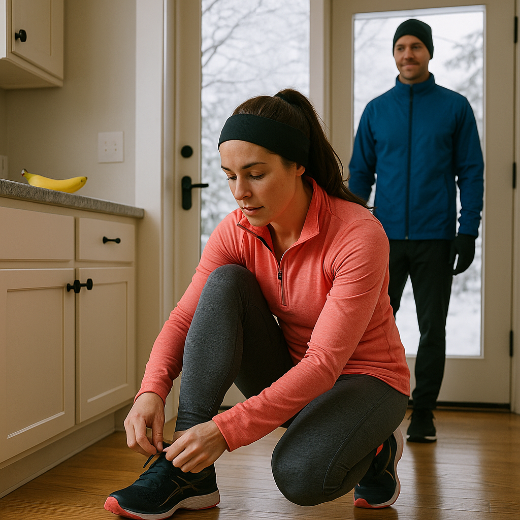 Woman tying running shoes in kitchen with gloves nearby, wearing winter gear, preparing for winter running while her partner waits by the door.