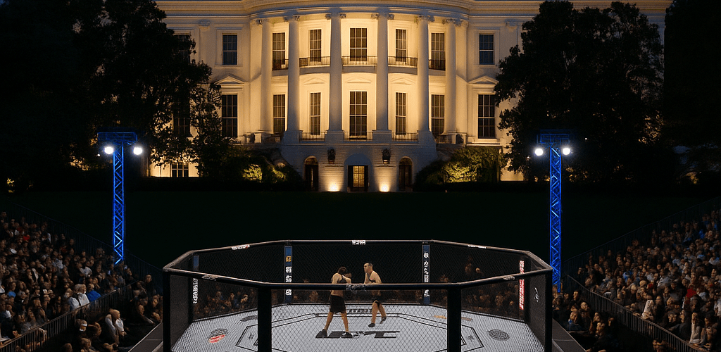 UFC fight night on the White House lawn with Octagon, cheering crowd, and camera crews filming cage-side.