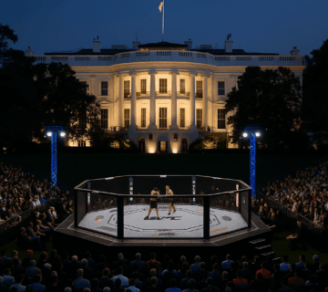 UFC fight night on the White House lawn with Octagon, cheering crowd, and camera crews filming cage-side.
