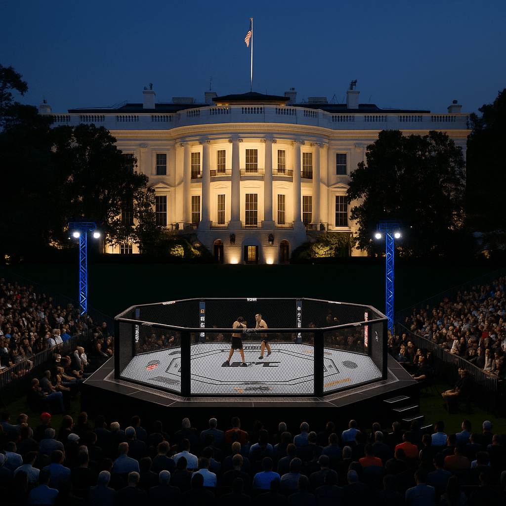 UFC fight night on the White House lawn with Octagon, cheering crowd, and camera crews filming cage-side.