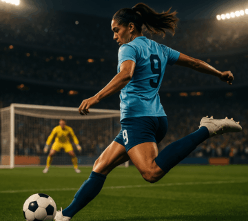 Female soccer player takes a penalty during a packed stadium match, symbolizing the rise of women’s sports.