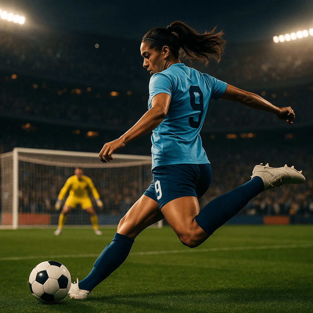 Female soccer player takes a penalty during a packed stadium match, symbolizing the rise of women’s sports.