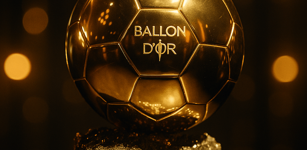 Cinematic close-up of the Ballon d’Or 2025 trophy under golden spotlight.