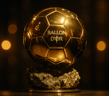 Cinematic close-up of the Ballon d’Or 2025 trophy under golden spotlight.