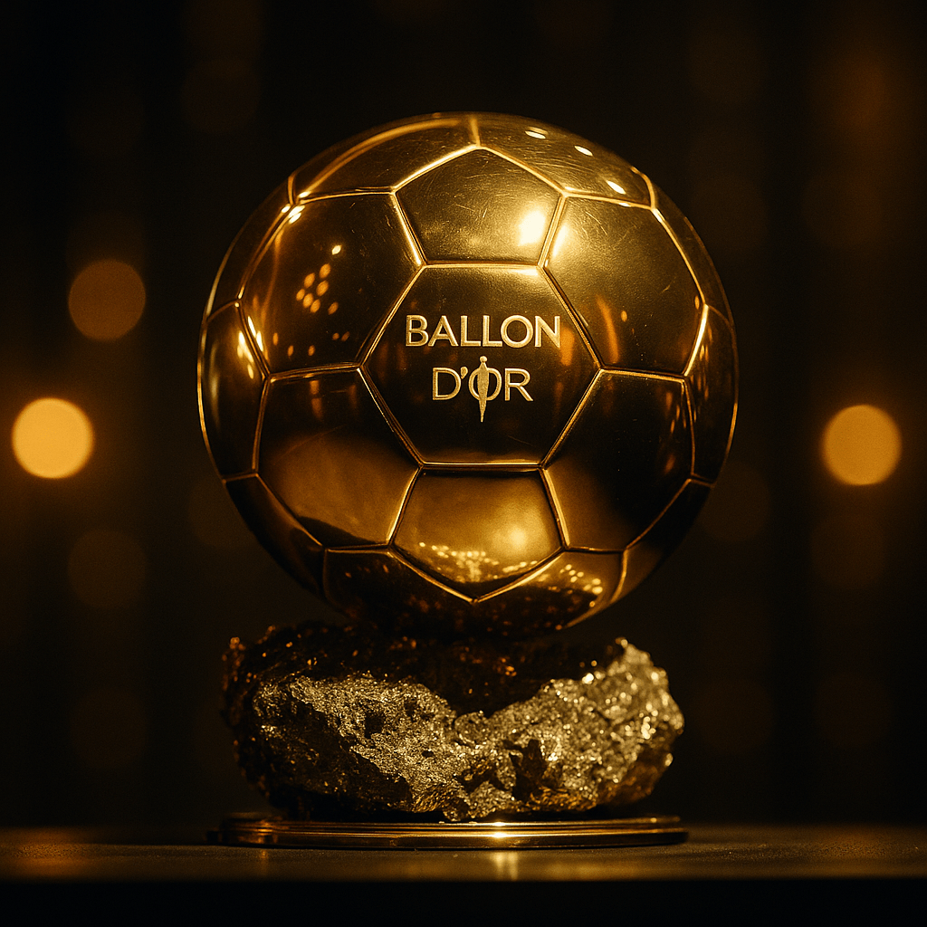 Cinematic close-up of the Ballon d’Or 2025 trophy under golden spotlight.