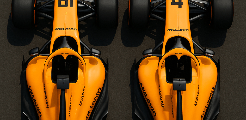 McLaren Formula 1 cars 2025, numbers 81 and 4, facing off from above, representing Oscar Piastri and Lando Norris in the championship battle.