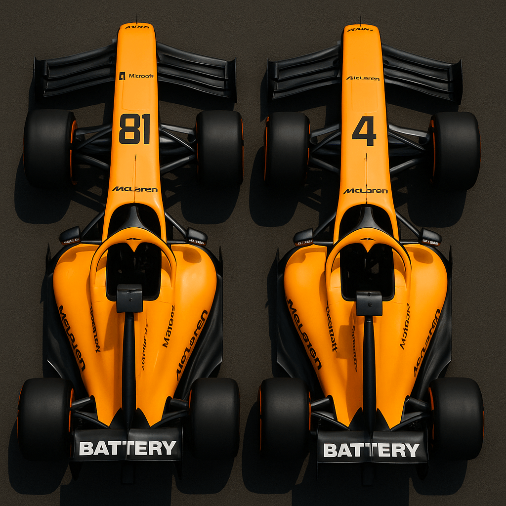 McLaren Formula 1 cars 2025, numbers 81 and 4, facing off from above, representing Oscar Piastri and Lando Norris in the championship battle.