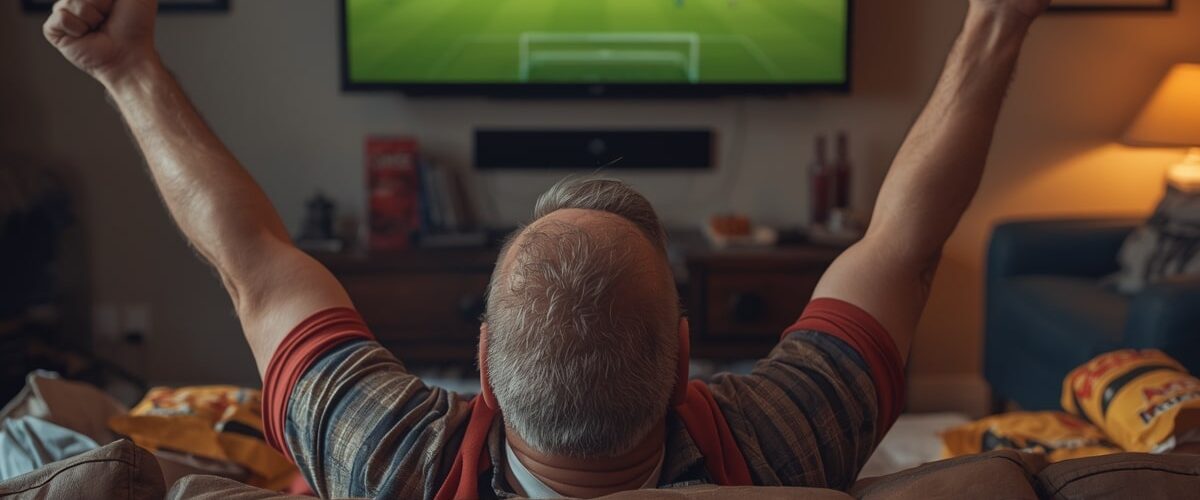 Man celebrating while watching a live soccer match on TV at home representing the experience offered by the best sports streaming sites.