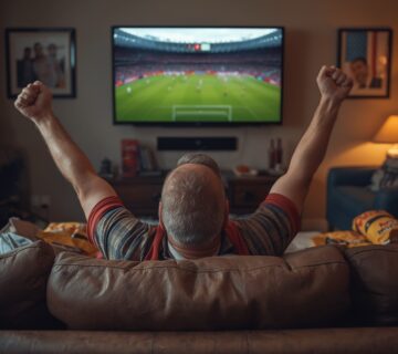 Man celebrating while watching a live soccer match on TV at home representing the experience offered by the best sports streaming sites.